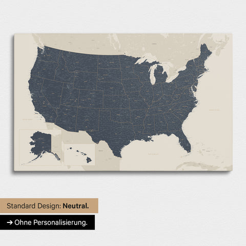 Neutral and simple version of a USA America map as a Push Pin Map in Navy Light