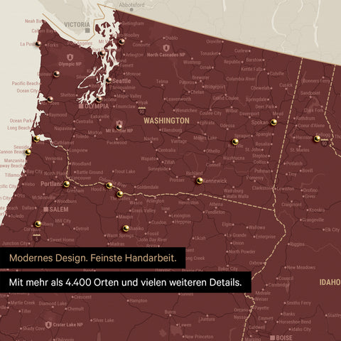 Section of a USA America map as a Push Pin Map in Bordeaux Red showing travel destinations and highlights in Washington, Oregon, and Idaho