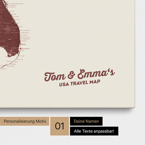 USA America map with high detail as a Push Pin Map canvas in Bordeaux red with personalization and imprint with your name