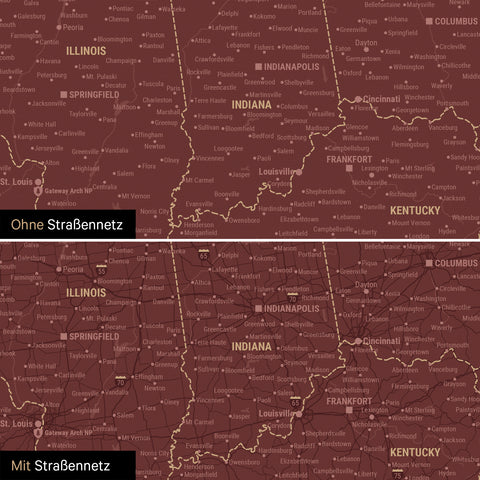 USA America Push Pin Map in Bordeaux Red optionally with the road network of the largest highways and interstates