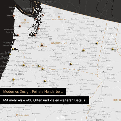 Section of a USA America map as a Push Pin Map in black and white showing travel destinations and highlights in Washington, Oregon, and Idaho