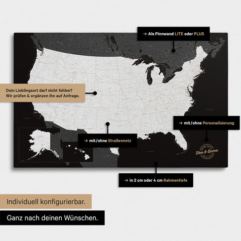 Vielfältige Konfigurationsmöglichkeiten einer USA Amerika Landkarte in Schwarz-Weiß