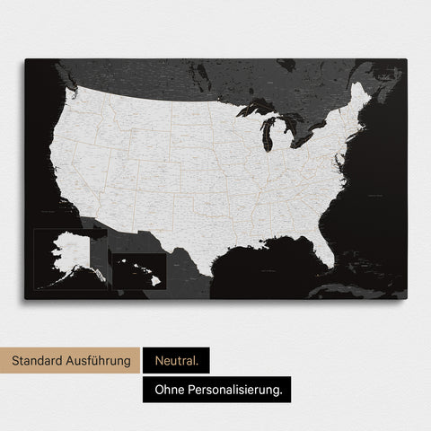 Neutrale und schlichte Ausführung einer USA Amerika Karte als Pinn-Leinwand in Schwarz-Weiß