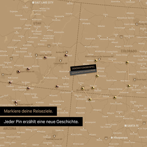 Detailed USA America map as a pin board in Sonar Black showing pins at travel destinations in Utah and Colorado