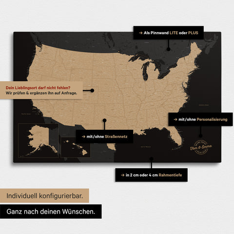 Diverse configuration options for a USA America map as a Push Pin Map in Sonar Black color