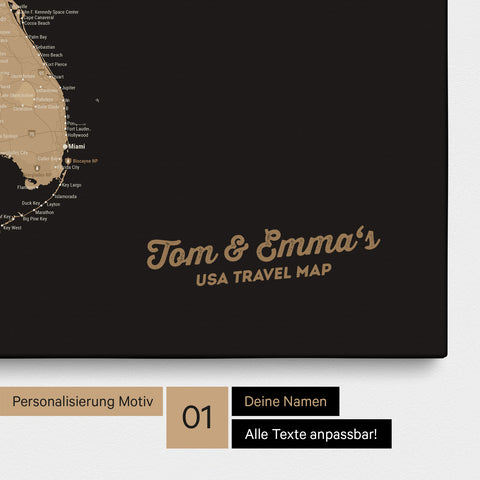 USA America map with high level of detail as Push Pin Map canvas in Sonar Black with personalization and imprint with your name