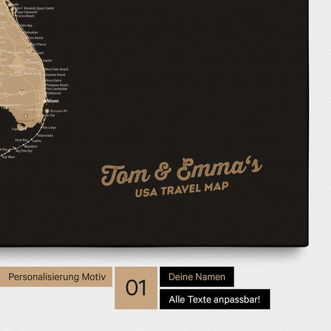 USA Amerika Karte mit hohem Detailgrad als Pinnwand Leinwand in Sonar Black (Schwarz-Gold) mit Personalisierung und Eindruck mit deinem Namen