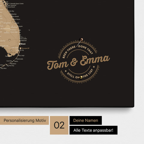 Personalized USA America map as a canvas in Sonar Black with printed names and a legend for marking visited places