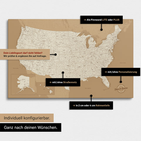 Diverse configuration options for a USA America map as a Push Pin Map in Treasure Gold color