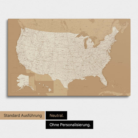 Neutrale und schlichte Ausführung einer USA Amerika Karte als Pinn-Leinwand in Treasure Gold