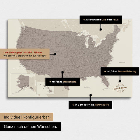 Diverse configuration options for a USA America map as a Push Pin Map in Warmgray (Brown-Gray) color