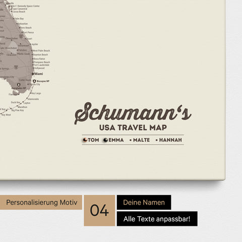 Detailed USA America map as a Push Pin Map in Warmgray (Brown-Gray) with personalization as a logo for the whole family