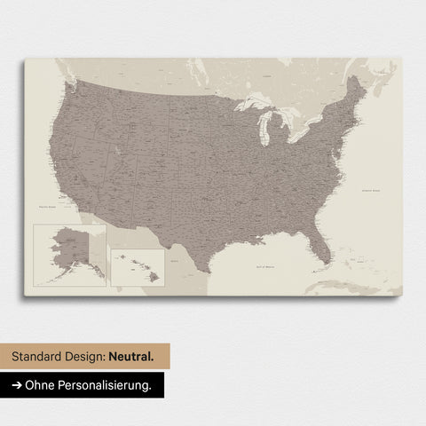 Neutral and simple version of a USA America map as a Push Pin Map in Warmgray (brown-gray)