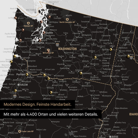Section of a USA America map as a Push Pin Map in white and black shows travel destinations and highlights in Washington, Oregon, and Idaho