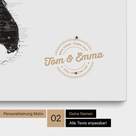 Personalized USA America map as a canvas in white and black with printed names and a legend for marking visited places