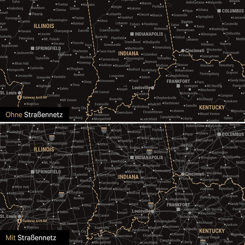 USA America Push Pin Map in white-black, optionally with the road network of the largest highways and interstates