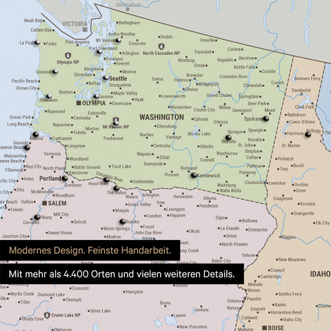 Section of a political USA America map as a Push Pin Map in multicolor atlas showing travel destinations and highlights in Washington, Oregon, and Idaho