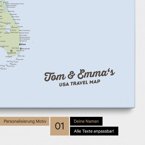Political USA America map with high detail as a Push Pin Map canvas in multicolor atlas with personalization and imprint with your name