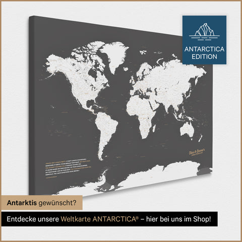Design Weltkarte TRAVEL® Pinn-Leinwand – Dark Gray (Dunkelgrau)