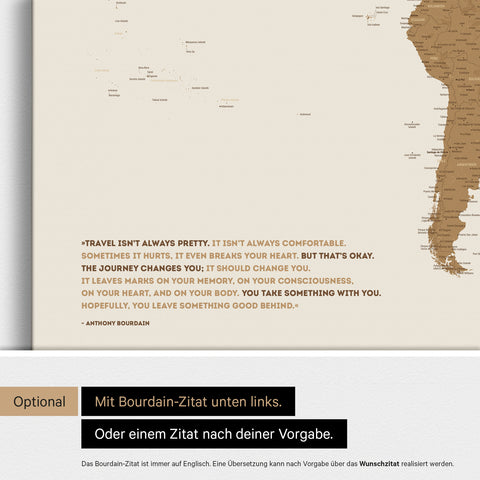 Personalisierbare Weltkarte mit Antarktis in Bronze mit Zitat von Anthony Bourdain