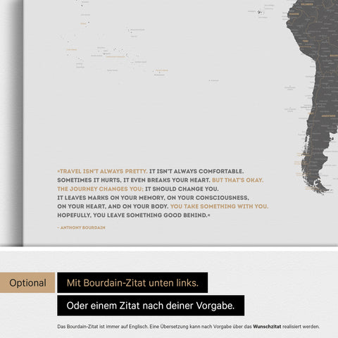 Personalisierbare Weltkarte mit Antarktis in Light Gray mit Zitat von Anthony Bourdain