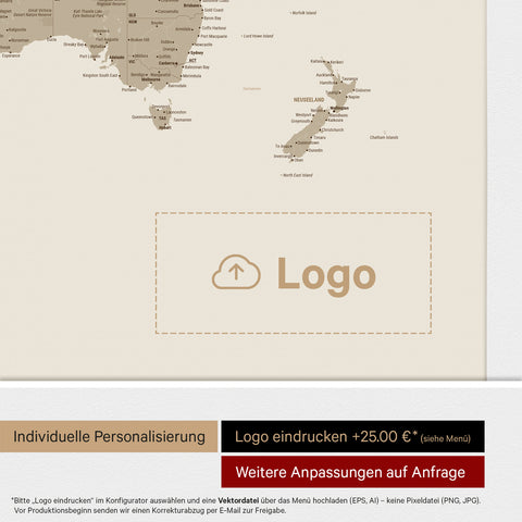 Weltkarte mit Antarktis als Pinn-Leinwand in Multicolor Matt mit Logo-Eindruck für Unternehmen