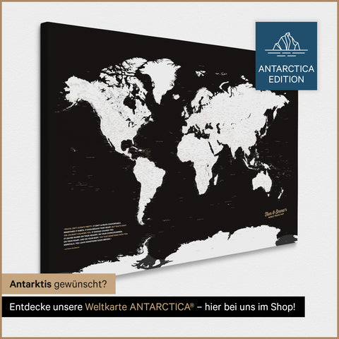 Design Weltkarte TRAVEL® Pinn-Leinwand – Dark Black (Schwarz-Weiß)