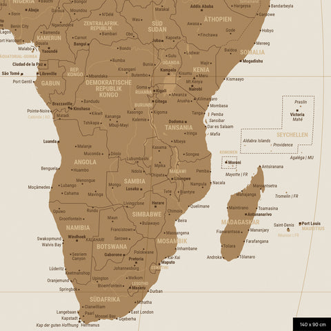 Weltkarte in der Equal-Earth-Projektion, Farbe Bronze, zeigt einen Ausschnitt von Afrika in seinen korrekten Größenverhältnissen und Proportionen