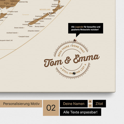 Personalized world map in the Equal Earth projection as a bronze Push Pin Map canvas with printed names and a legend for marking visited places