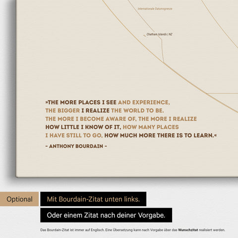 World map in the Equal Earth projection in bronze with a printed quote by Anthony Bourdain, which can be replaced with any other quote when personalized