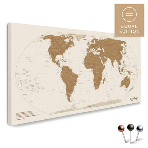 World map in the Equal Earth projection and bronze color as a high-quality Push Pin Map, ideal for marking places and planning trips