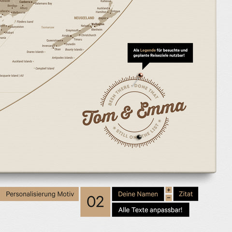 Personalized world map in the Equal Earth projection as a Desert Sand canvas Push Pin Map with printed names and a legend for marking places visited