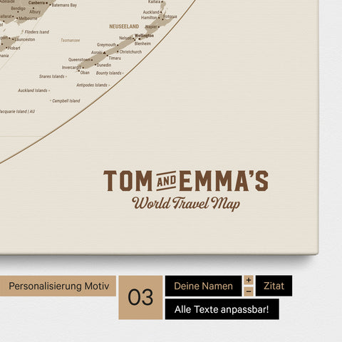Personalization of a world map in the Equal Earth projection Push Pin Map in Desert Sand with a vintage-style logo, where the names and the subtitle “World Travel Map” can be changed