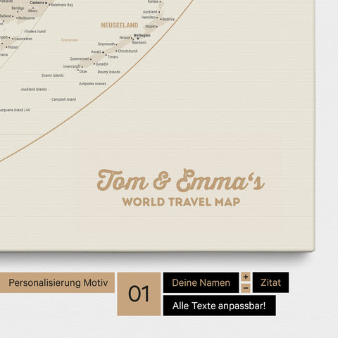 Weltkarte in der Equal-Earth-Projektion als Pinnwand Leinwand in Gold mit Personalisierung und Eindruck von deinen Namen
