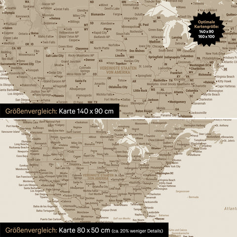 Größenvergleich einer Weltkarte Leinwand in den Formaten 140 x 90 cm und 80 x 50 cm