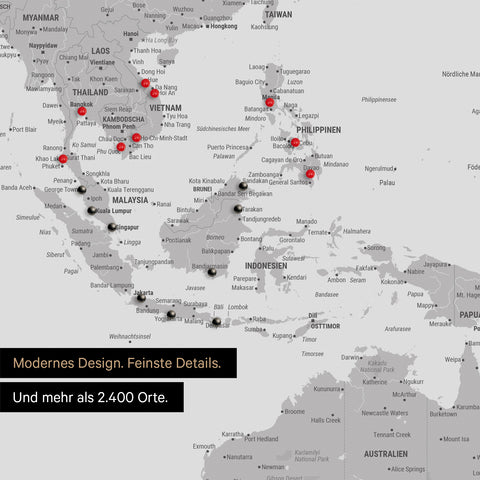 Ausschnitt einer Weltkarte in Hellgrau zeigt Karte von Südost-Asien mit Pins von besuchten Reisezielen