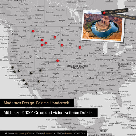 Detailreiche Weltkarte als Pinnwand in Hellgrau zur Markierung von bis zu 2.600 Reisezielen in den USA, Kanada und Mexiko, Ideal für die visuelle Darstellung vergangener Reisen und zukünftiger Reisepläne
