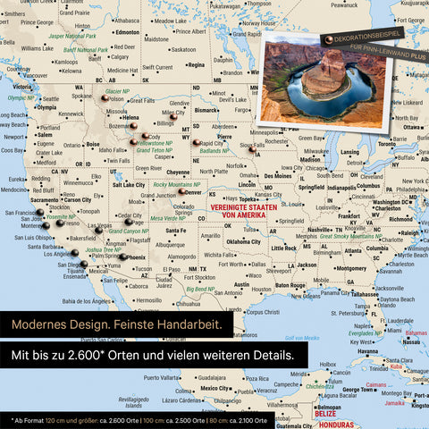 Detailed push pin world map in Multicolor Classic for marking up to 2,600 travel destinations in the USA, Canada and Mexico, ideal for visual representation of past trips and future travel plans