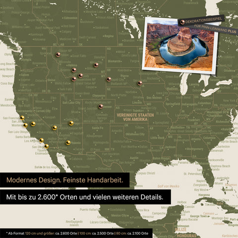 Detailreiche Weltkarte als Pinnwand in Oliv-Grün zur Markierung von bis zu 2.600 Reisezielen in den USA, Kanada und Mexiko, Ideal für die visuelle Darstellung vergangener Reisen und zukünftiger Reisepläne