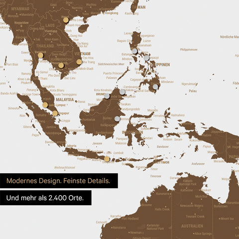 Ausschnitt einer magnetischen Weltkarte in Braun zeigt Karte von Asien, auf der Magnete Reiseziele markieren