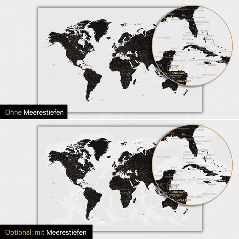 Weltkarte-Magnetboard in Weiß-Schwarz mit zweidimensionalen Meerestiefen