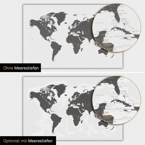 Weltkarte-Magnetboard in Light Gray mit zweidimensionalen Meerestiefen