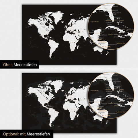 Weltkarte-Magnetboard in Schwarz-Weiß mit zweidimensionalen Meerestiefen