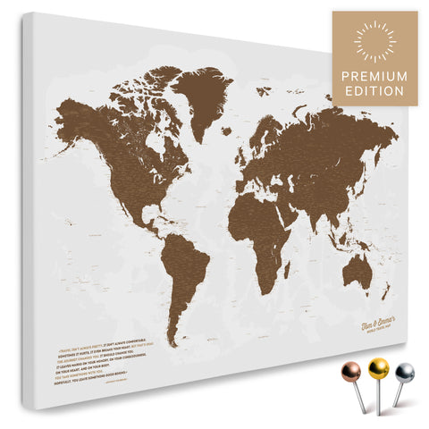 Weltkarte in Braun als Pinnwand Leinwand zum Pinnen und Markieren von Reisezielen kaufen