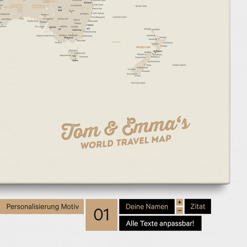 Weltkarte als Pinnwand Leinwand in Gold mit Personalisierung und Eindruck von deinen Namen
