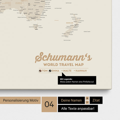 Pinnwand Leinwand einer Weltkarte in Gold mit Personalisierung als Logo mit Familiennamen und Legende
