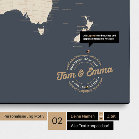 Personalisierte Weltkarte als Pinnwand Leinwand in Hale Navy (Dunkelblau Gold) mit eingedruckten Namen und einer Legende zur Markierung von besuchten Orten