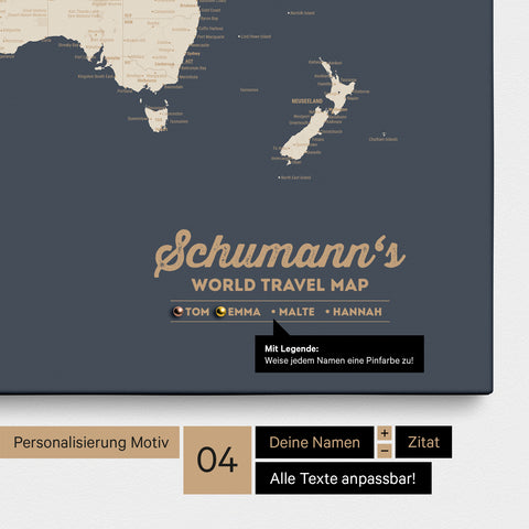 Pinnwand Leinwand einer Weltkarte in Hale Navy (Dunkelblau Gold) mit Personalisierung als Logo mit Familiennamen und Legende
