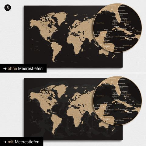 Design Weltkarte TRAVEL® Pinn-Leinwand – Sonar Black (Schwarz-Gold)