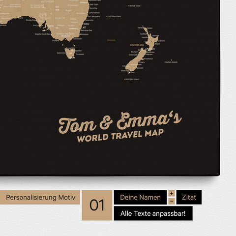 Weltkarte als Pinnwand Leinwand in Sonar Black (Schwarz-Gold) mit Personalisierung und Eindruck von deinen Namen